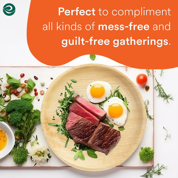 ECO SOUL 100 Disposable Palm Leaf Plates 8(20cm) Round Bamboo Plate I Eco Friendly, Biodegradable, Compostable Heavy-Duty Plate, Wooden Plates for