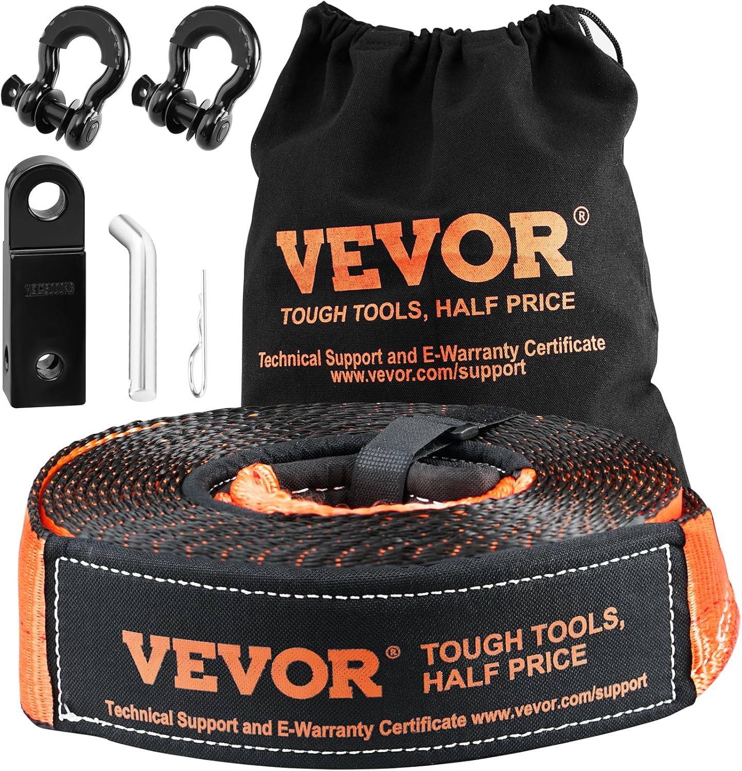 VEVOR Off-Road Recovery Kit, 3" x 30', Heavy Duty Winch Recovery Kit with 30,000 lbs Tow Strap, 44,092 lbs D-Ring Shackles, Shackle Receiver and Storage Bag, for ATVs, Jeeps, Off-Road Vehicles, Trucks