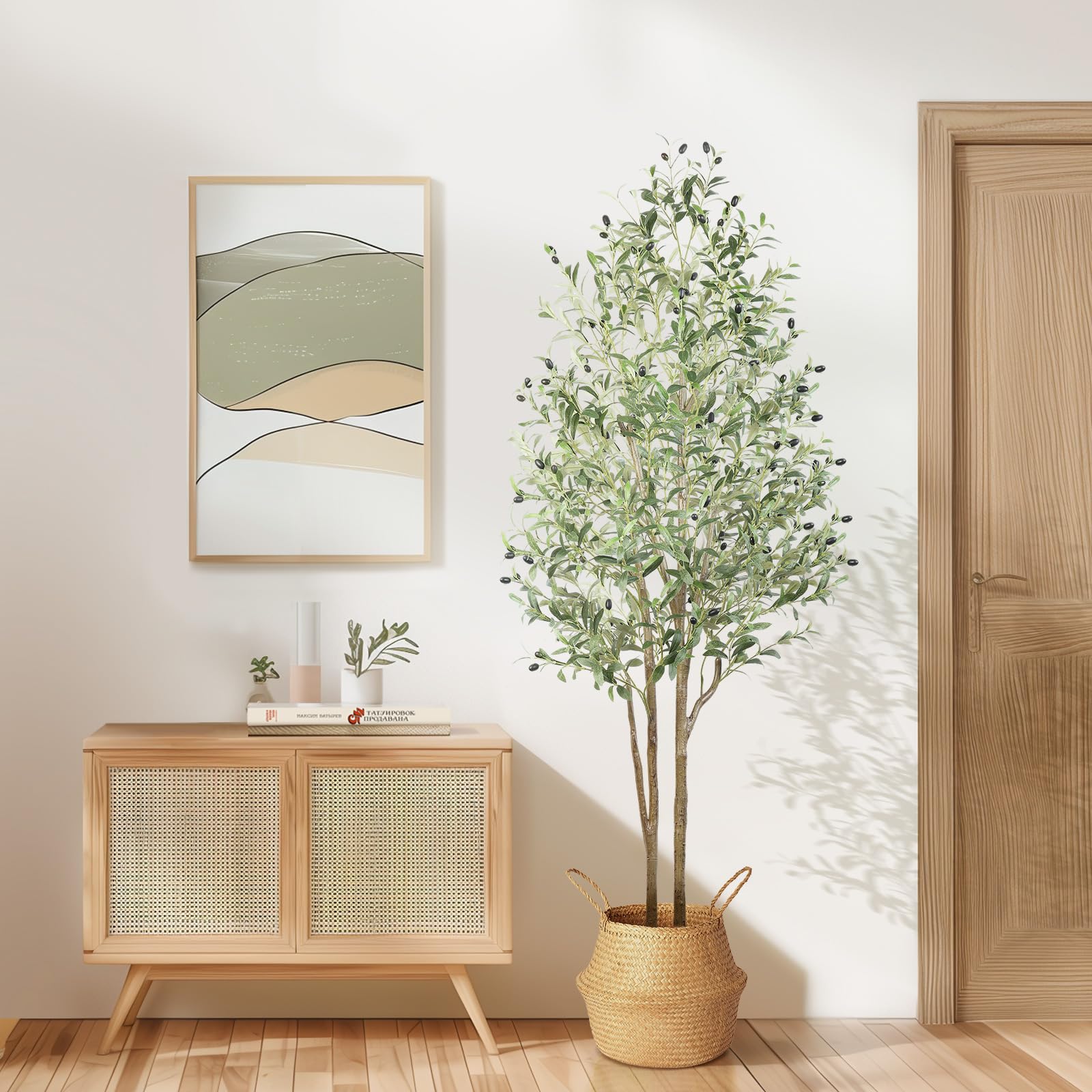 Alupssuc 6FT Olive Tree Artificial, Faux Olive Tree with White Pot, Fake Olive Tree Indoor Outdoor with Natural Wood Trunk & Lifelike Fruits, Perfect