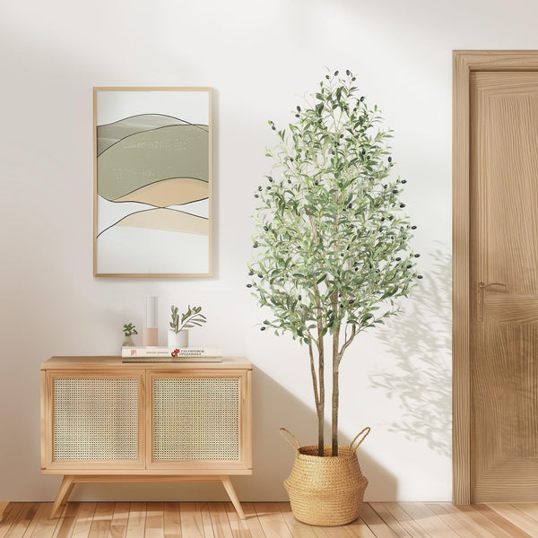 Alupssuc 6FT Olive Tree Artificial, Faux Olive Tree with White Pot, Fake Olive Tree Indoor Outdoor with Natural Wood Trunk & Lifelike Fruits, Perfect