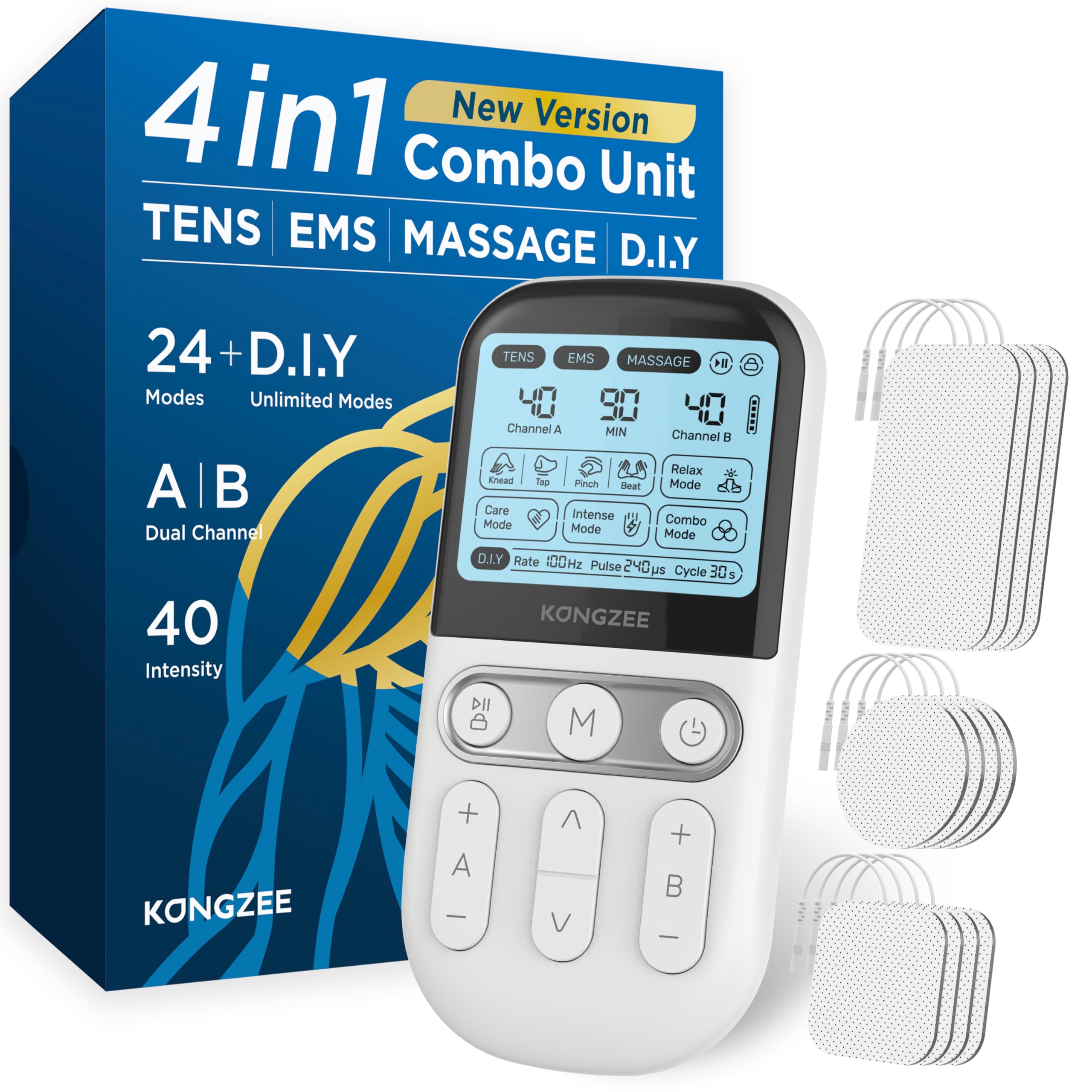 4 in 1 - D.I.Y & Tens Unit & EMS & Massage Muscle Stimulator, Dual Channel Therapy Machine for Pain Relief, FDA Cleared Rechargeable Electronic Pulse Massager,with 12pcs Electrode Pads