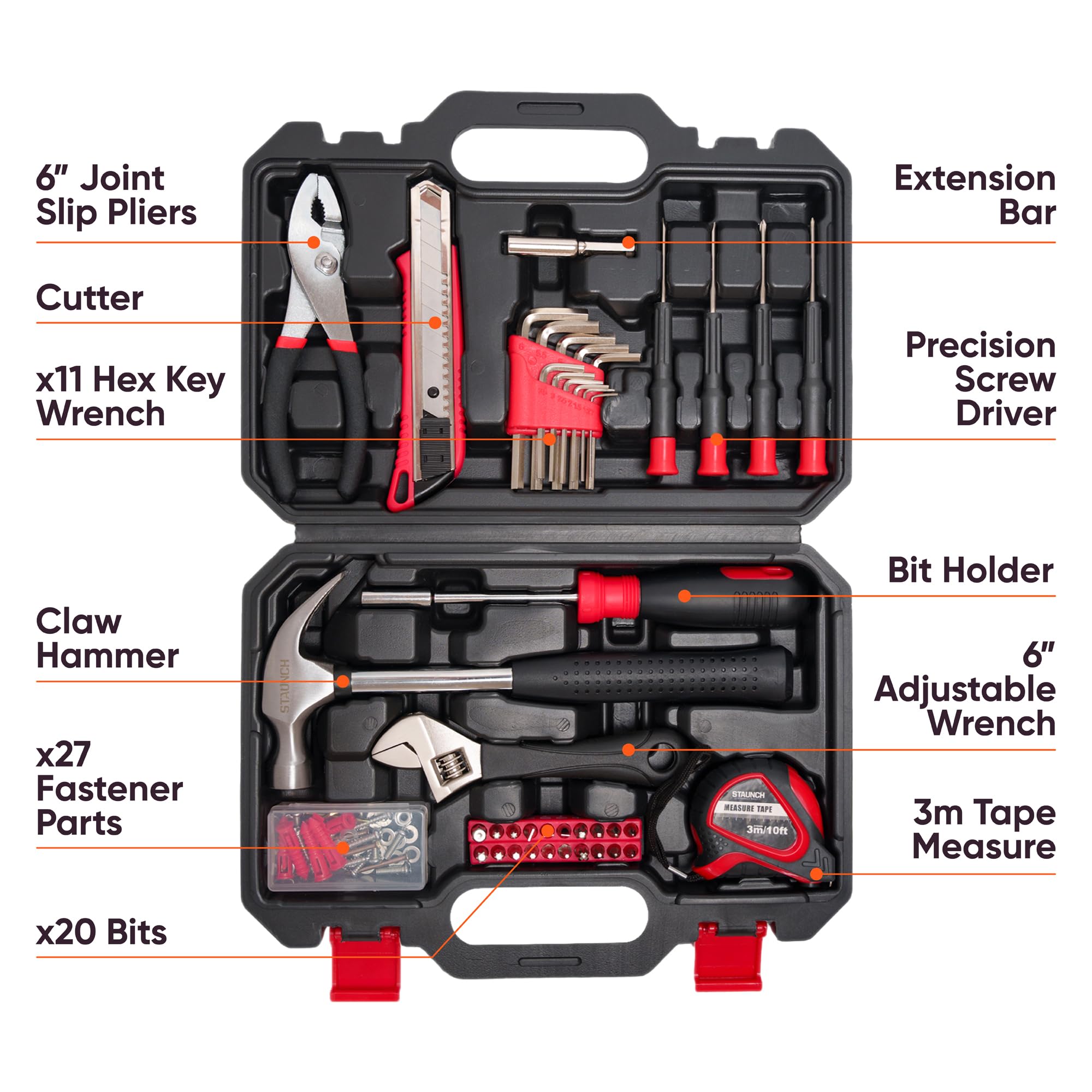 Tool Kit | Staunch 200 Piece Home and Office Tool Set | Complete Starter Tool Kit Set & Organiser Tool Box with Tools Included | General Household Tool Kits for Home with DIY Tools in Tool Case