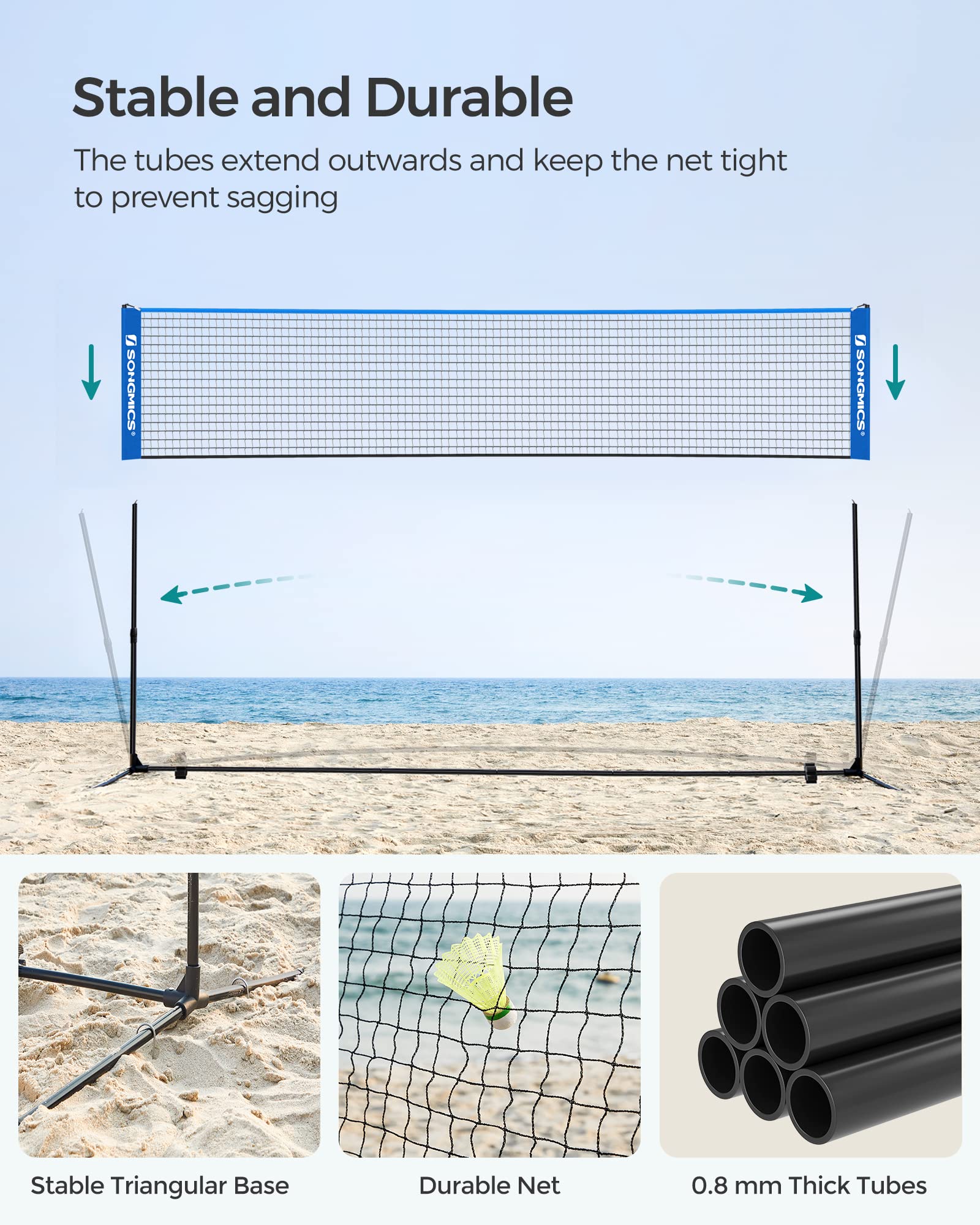 SONGMICS 3 m Badminton Net, Volleyball Net, Adjustable Poles Height, Portable Set for Tennis