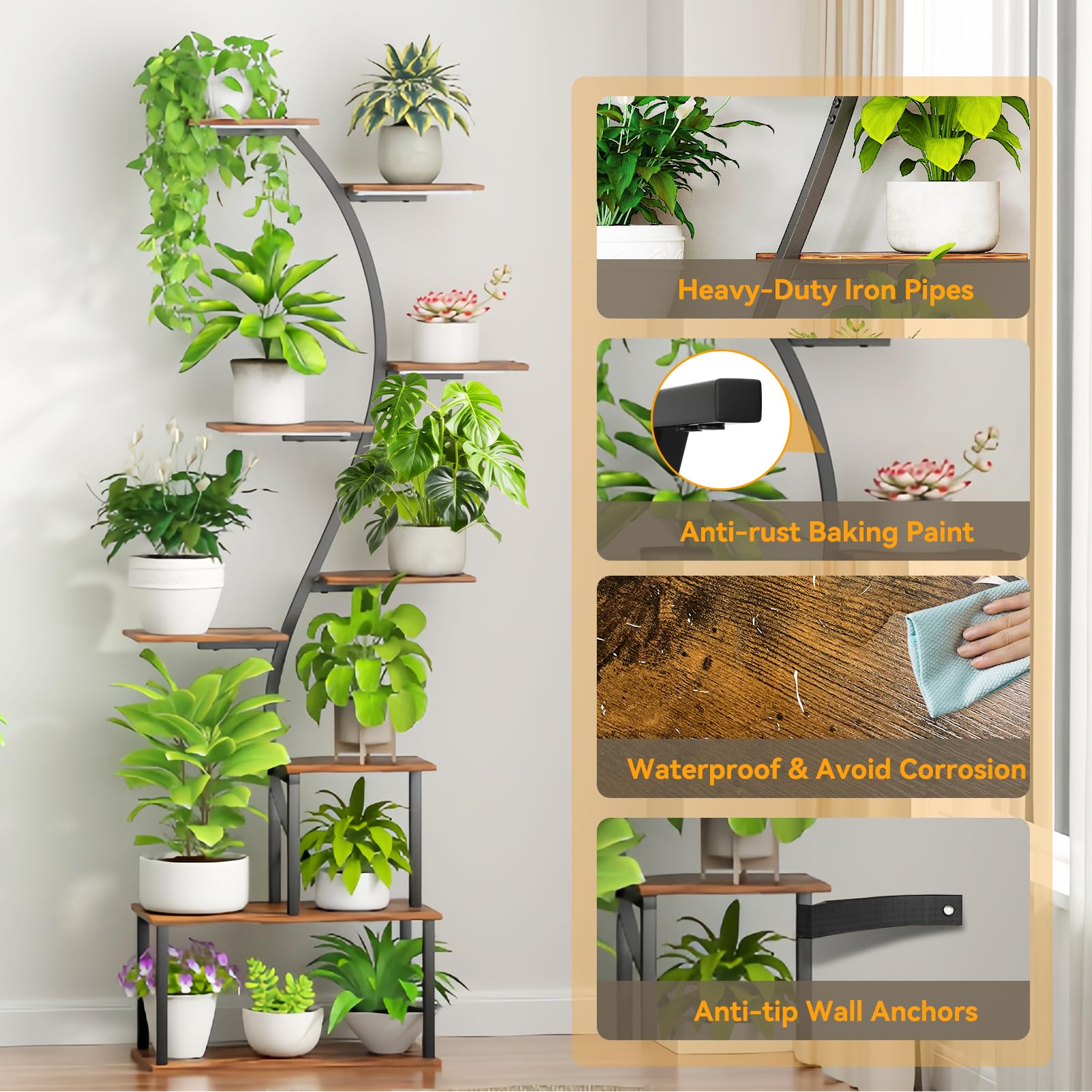 Zekoled 9-Tier Plant Stand with Grow Lights & Auto Timer, 167cm Tall S-Shaped Indoor/Outdoor Plant Shelf, Metal Plant Flower Holder, StandSpace-Saving Corner Shelf for Home, Balcony, Patio