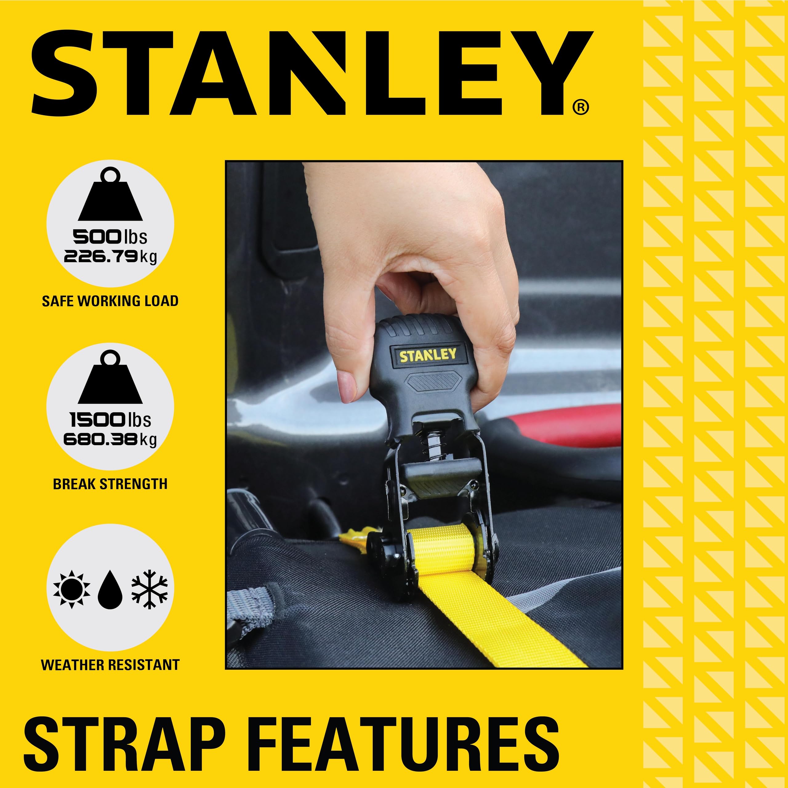 STANLEY S1007 Black/Yellow 1.5" x 16' Ratchet Tie Down Straps - 1,100 lb Safe Working Load / 3,300 lb Break Strength, 2 Pack