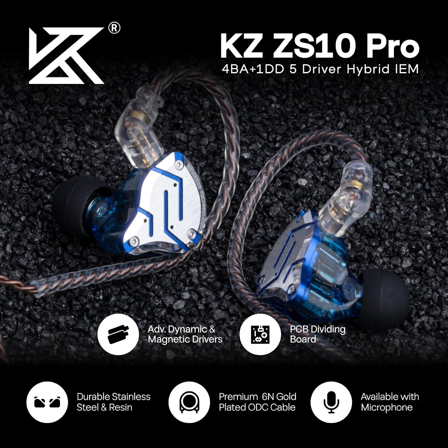 Linsoul KZ ZS10 Pro, 4BA+1DD 5 Driver in Ear Monitor, HiFi Wired Earbuds, Gaming Earbuds, Hybrid IEM Earphones with Stainless Steel Faceplate, Recessed 2 Pin Detachable Cable(With Mic, Glare Blue)