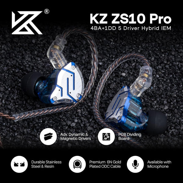 Linsoul KZ ZS10 Pro, 4BA+1DD 5 Driver in Ear Monitor, HiFi Wired Earbuds, Gaming Earbuds, Hybrid IEM Earphones with Stainless Steel Faceplate, Recessed 2 Pin Detachable Cable(With Mic, Glare Blue)