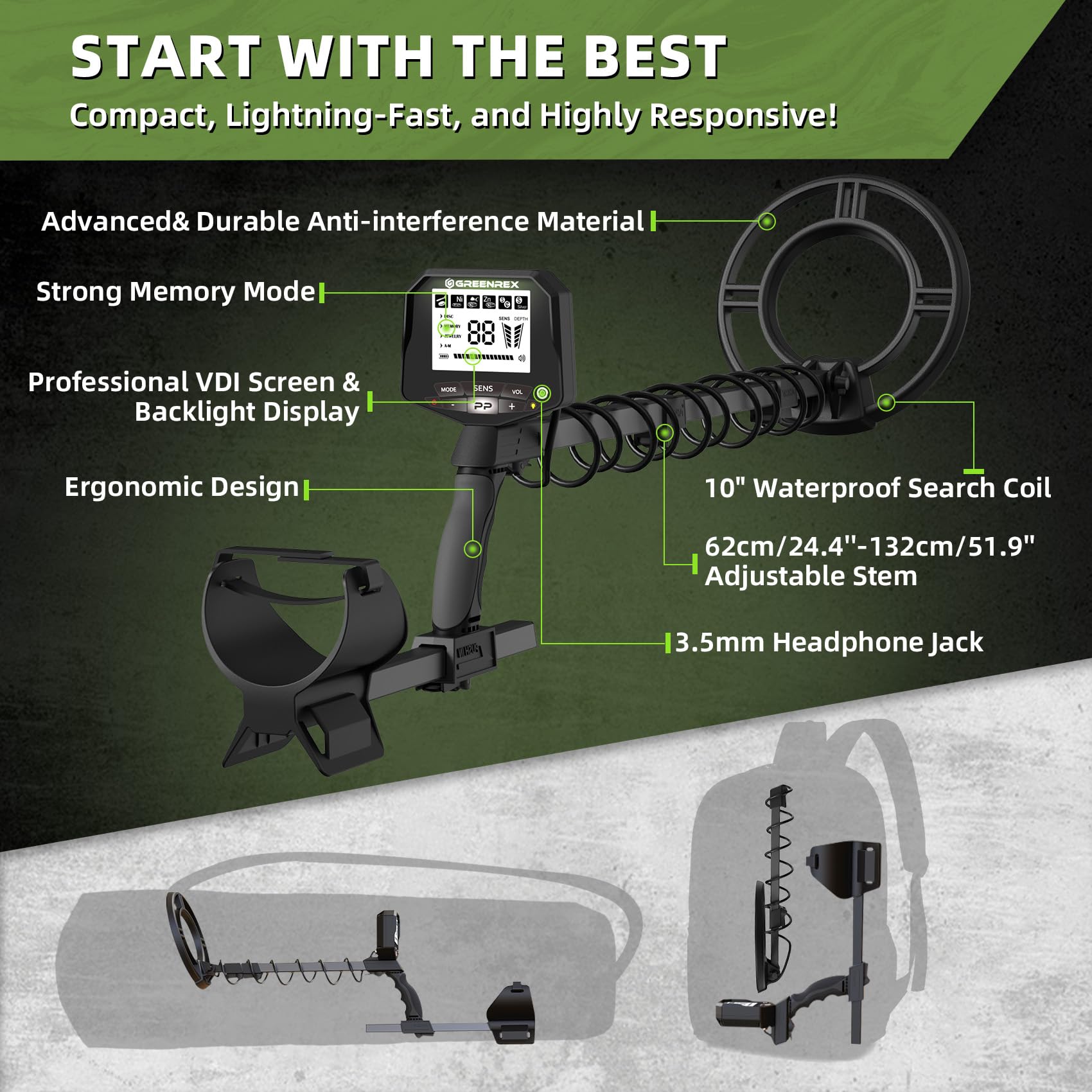 GreenRex Metal Detector for Adults Professional, Waterproof Pinpoint, High Accuracy Gold and Silver Detection, Underwater and Beach Use, 10'' IP68 Coil, Bigger LCD, New Advanced DSP Chip