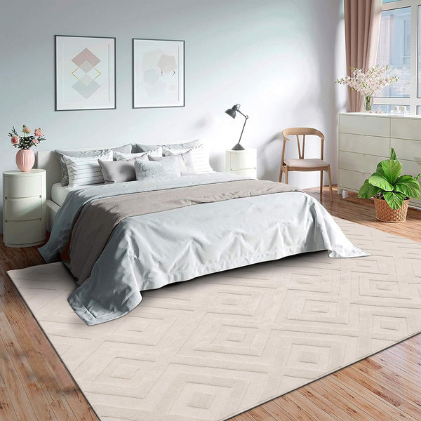 SHACOS Washable Area Rug 120 x 160 cm - Large Cream Geometric Design for Living Room, Bedroom, Lounge, Kids Room - Anti-Slip, Ultra Soft Shaggy,