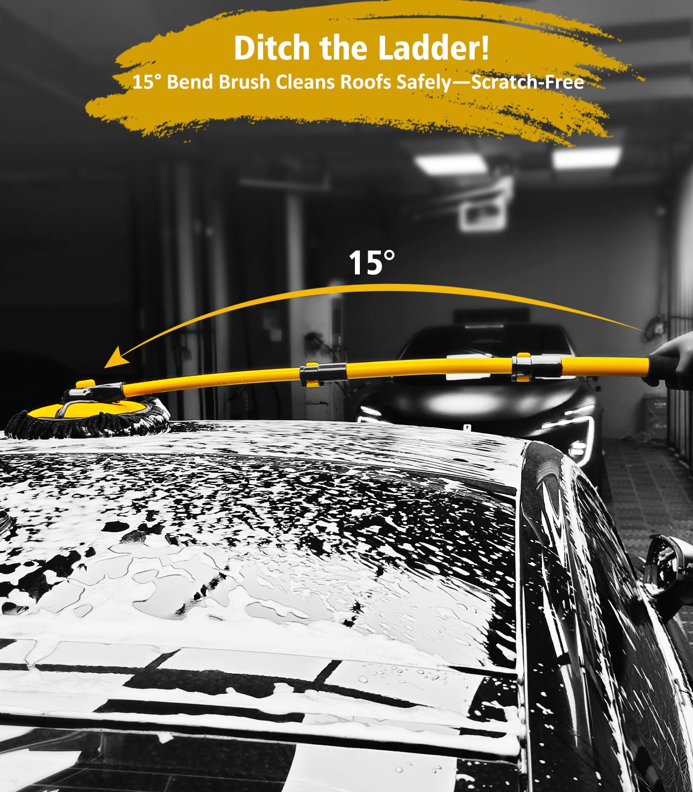 YeewayVeh Car Wash Brush, 43" Extendable Car Wash Brush Mop with Long Handle, 15 Degree Curved Soft Car Cleaning Brush kit with Extra Microfiber Brush Head for Truck SUV Cleaning, Orange