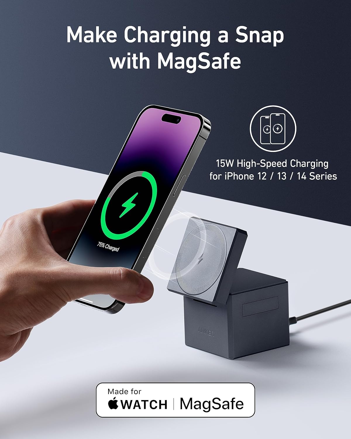 Anker 3-in-1 Cube Compatible with MagSafe - 15W Fast Charging, Foldable Wireless Charge Station for Apple Watch, iPhone 17/16/15/14/13, and AirPods Pro (Charger and Interchangeable Plugs Included)