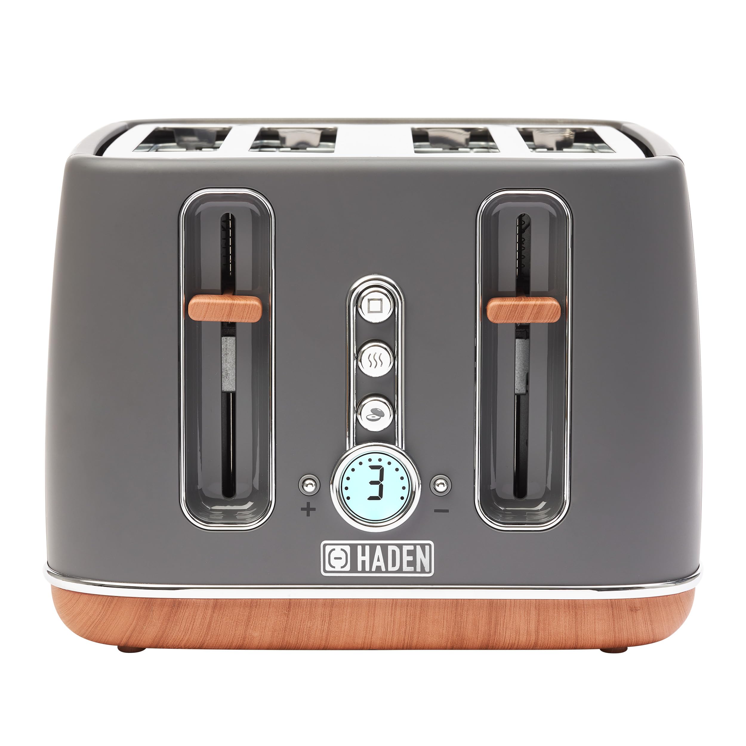 Haden Dorchester Grey Toaster 4 Slice - Variable Browning Levels - Digital Controls & Wide Slots 4 Slice Toaster - Cancel/Defrost/Reheat Settings -