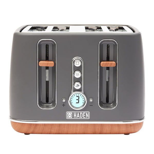Haden Dorchester Grey Toaster 4 Slice - Variable Browning Levels - Digital Controls & Wide Slots 4 Slice Toaster - Cancel/Defrost/Reheat Settings -