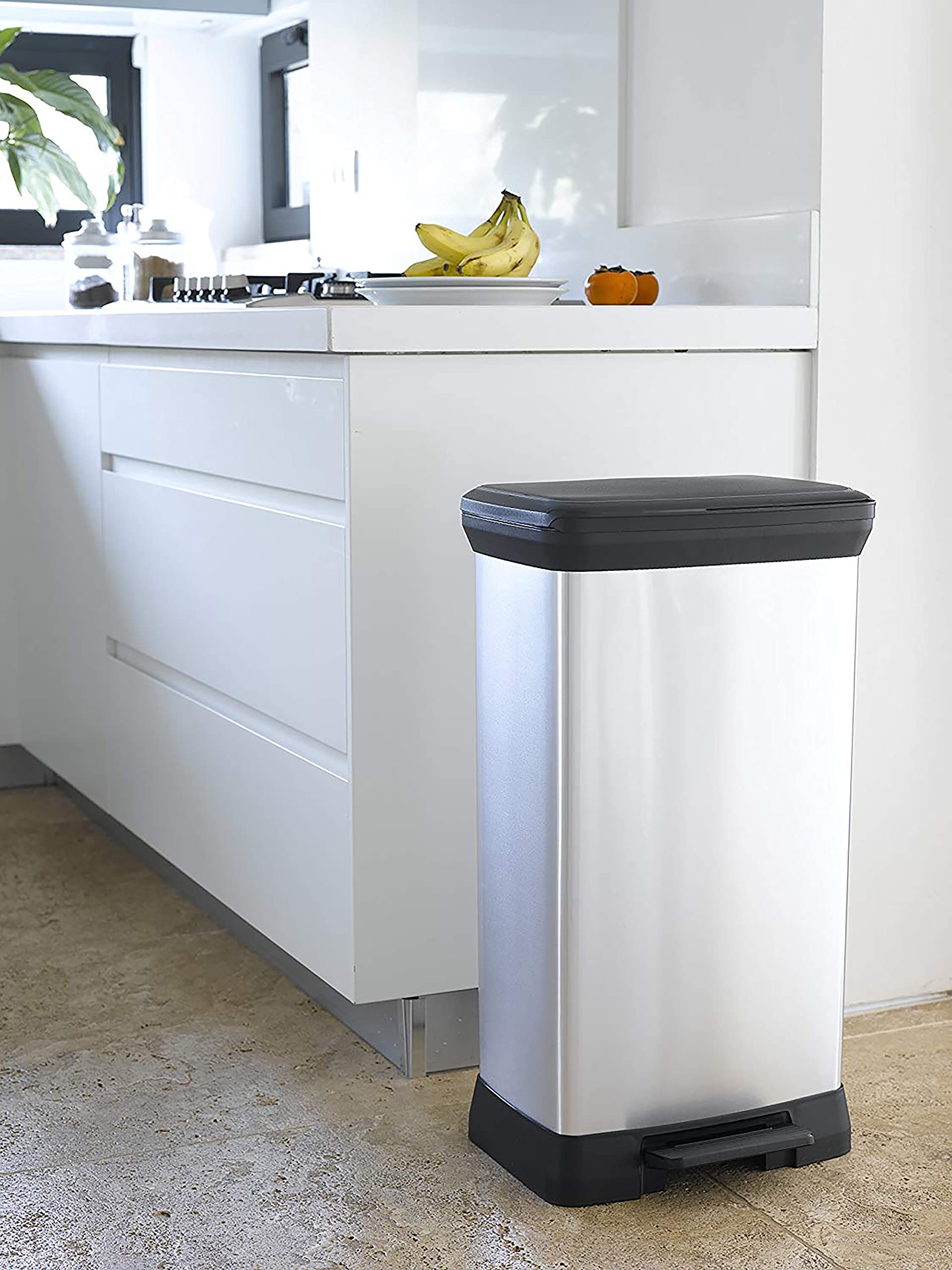 Curver Metal Effect 70% Recycled Kitchen Pedal Touch Deco Bin 50 Litres - Silver
