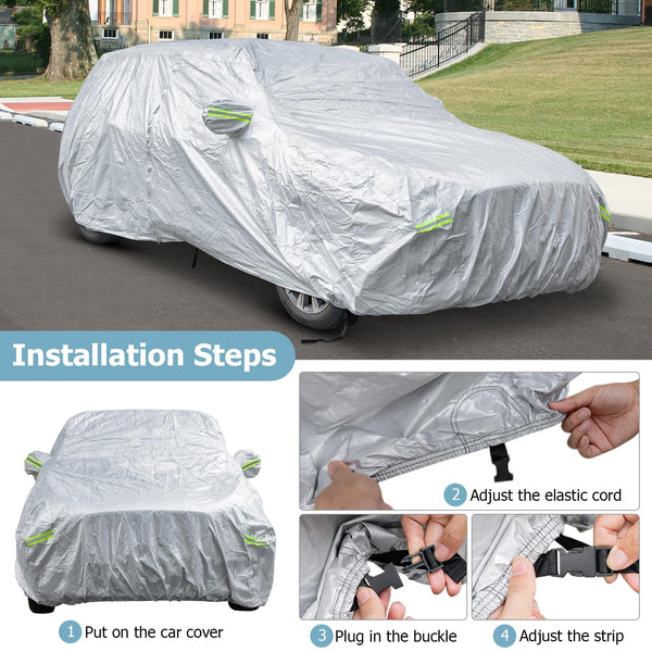 COSTWAY Car Cover Waterproof, Universal Full Car Cover with Zipper Door, Reflective Strips & Storage Bag, All Weather Windproof Snowproof UV Protection (Fit Sedan, Length Up to 190”(482cm))