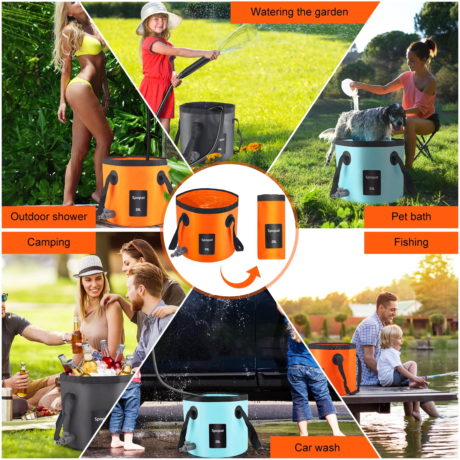 Spopal 20L Collapsible Bucket, Outdoor Foldable Bucket with Drainage Outlet for Camping, Collapsible Storage Container for Traveling Picnic Hiking Fishing Car Washing