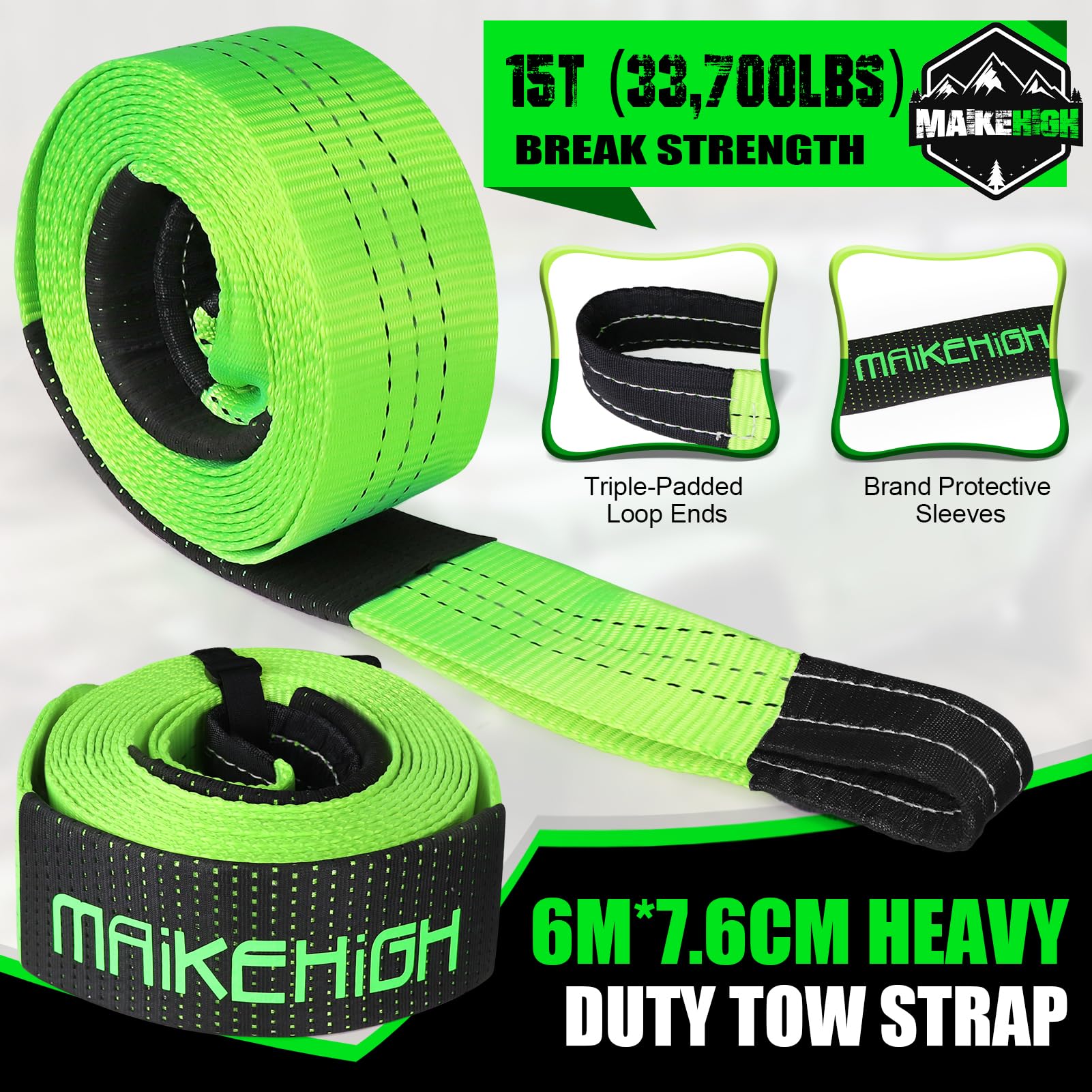 MAIKEHIGH Towing Rope 15 Ton (33,700 Lbs), 6M x 7.6cm Off-Road Recovery Tow Strap with 2 Gloves for Car, Truck, SUV, Snow (Green)