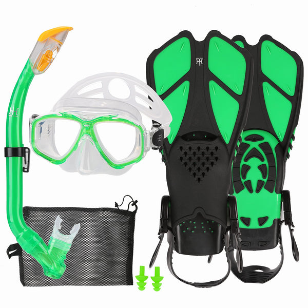 Kids Snorkeling Set with Fins Anti Leak Snorkeling Gear for Kids with Adjustable Flippers, Youth Junior Full Dry Snorkel Set Swimming Goggles with