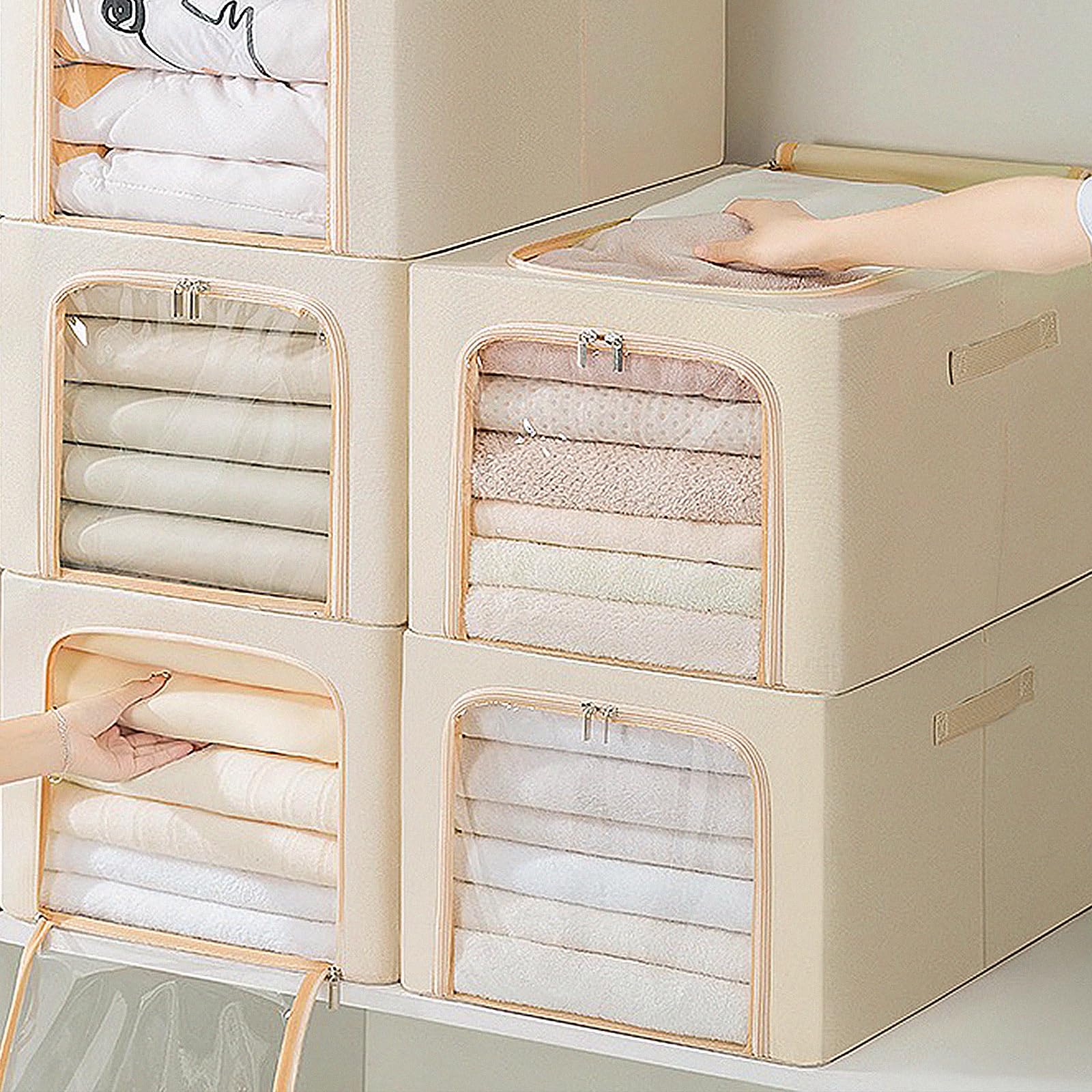 55L Clothes Storage Bag, Collapsible Storage Box, Stackable Metal FrameThick Oxford cloth Protect from Moisture Dust Handle Double Opening Zipper for