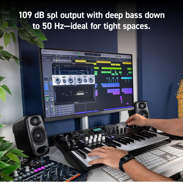 IK Multimedia iLoud Micro Monitor Pro - Pair - 2-Way bi-amped, highly portable, digitally controlled compact reference studio monitors. X-MONITOR. Incl. ARC calibration mic. Black.