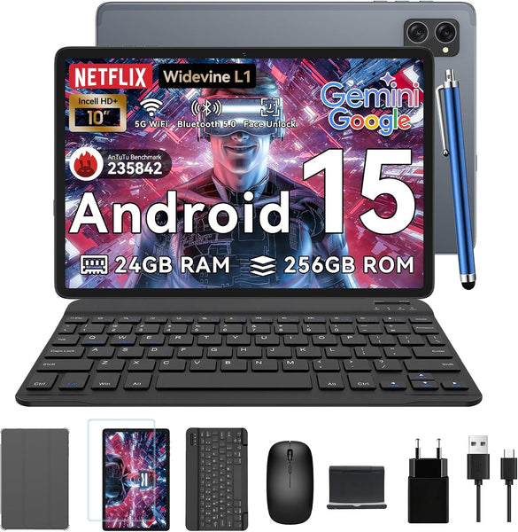 Tablet 10 Inch,Android 15 AI Tablets,24GB +256GB/2TB,FHD Gaming Tablet With Pen and Keyboard Kits,5G WiFi,Octa-Core,8MP AI Camera,Widevine L1+Stereo Speaker,GPS,Fast Charge,2-Year Warranty