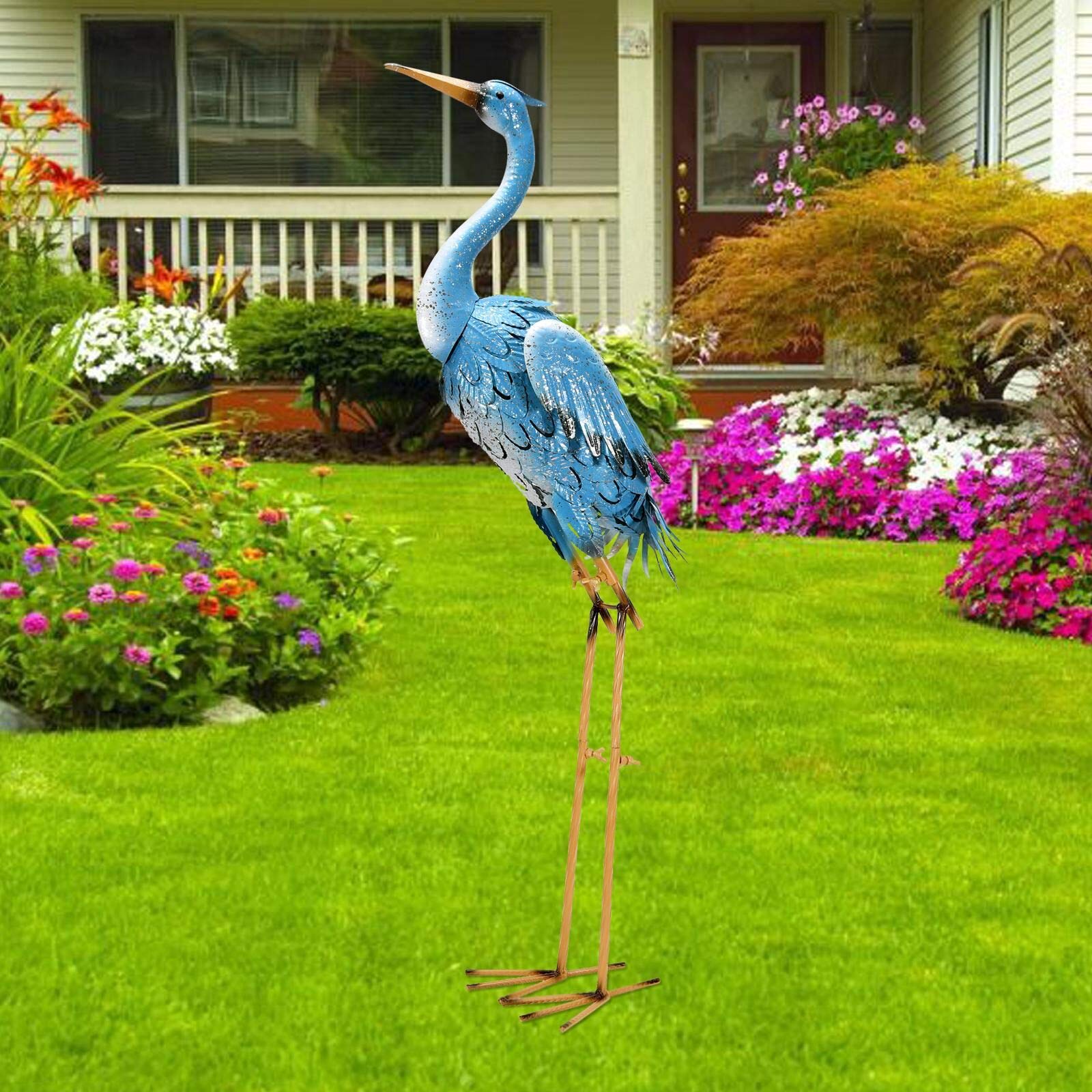 Goodeco 96cm Standing Blue Metal Crane Statue Garden Ornaments - Indoor/Outdoor Heron Garden animal Sculpture Gifts Idea for