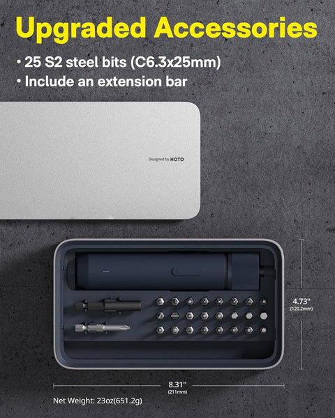 HOTO Electric Screwdriver Set, 3.6V Rechargeable Set with 25 S2-Steel Bits, Cordless Power Screwdriver with LED Light, All-in-One Design, 3 Torque, 4N·m 1500mAh, Excluding Charging Cable