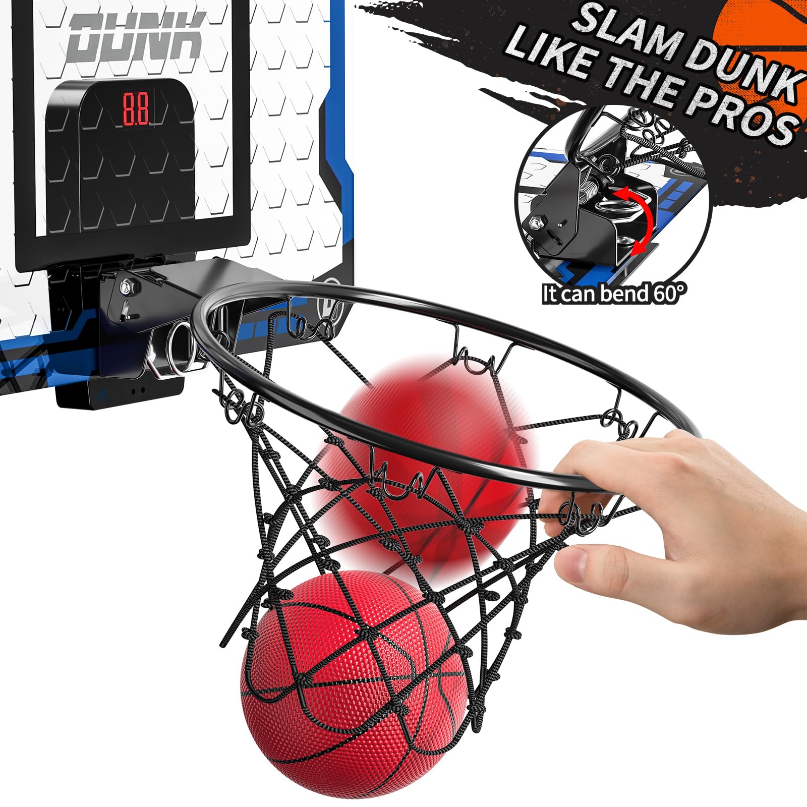 TEMI Basketball Hoop Indoor With 4 Balls, Over The Door for Kids and Adults, Toy Gift for Boys Girls Age 3-12 Years