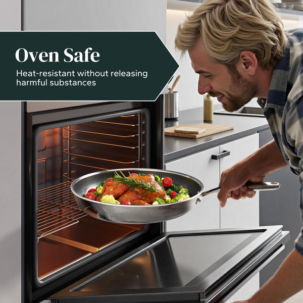 Redchef Non Stick Hybrid Egg/Omelette Pan,20cm Ceramic Frying Pan,Tri-Ply Stainless Steel Skillet,Non Toxic,PFAS PFOA/PTFE Free,Dishwasher/Oven Safe,Suitable for Induction Hobs,8"(Beige)