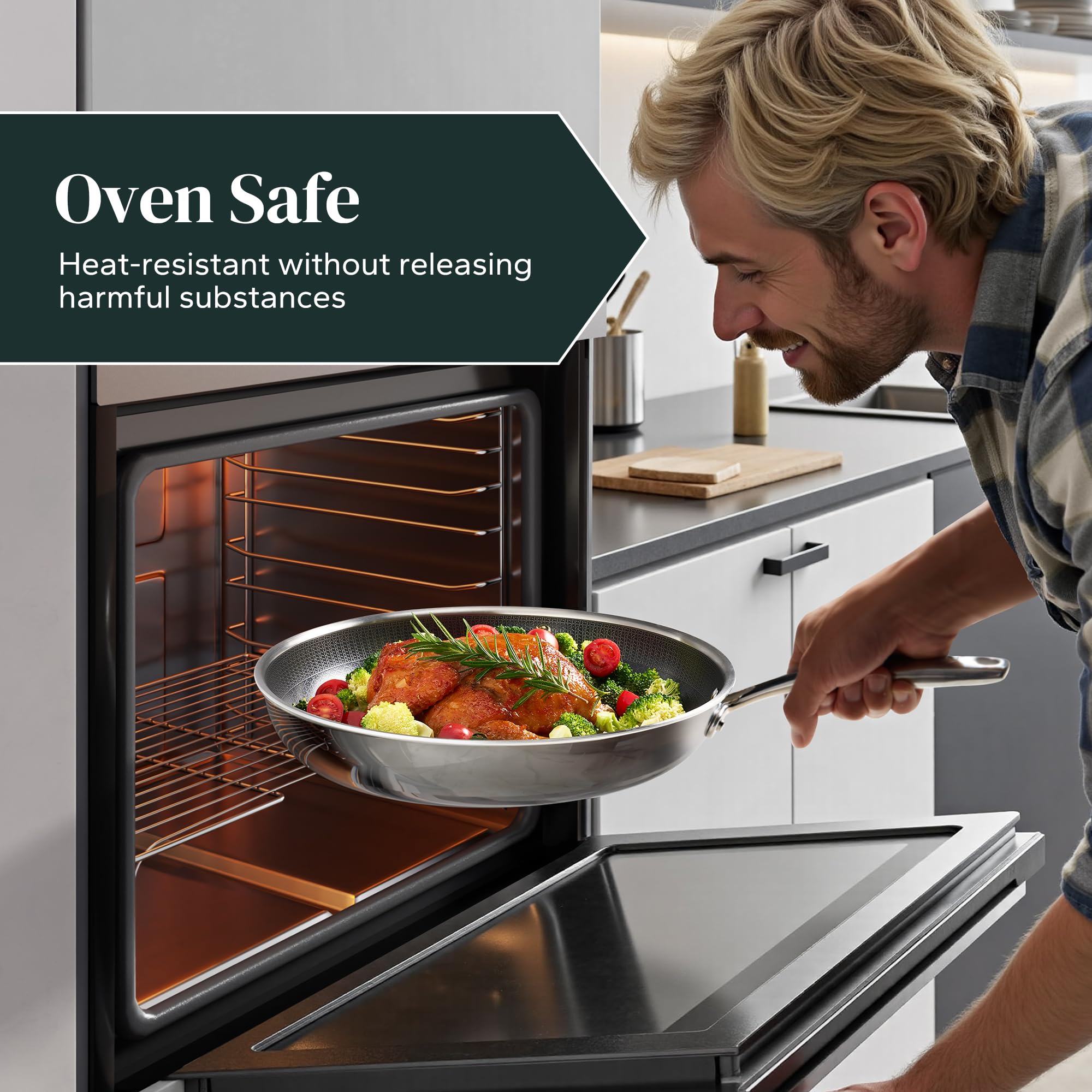 Redchef Non Stick Hybrid Egg/Omelette Pan,20cm Ceramic Frying Pan,Tri-Ply Stainless Steel Skillet,Non Toxic,PFAS PFOA/PTFE Free,Dishwasher/Oven Safe,Suitable for Induction Hobs,8"(Beige)