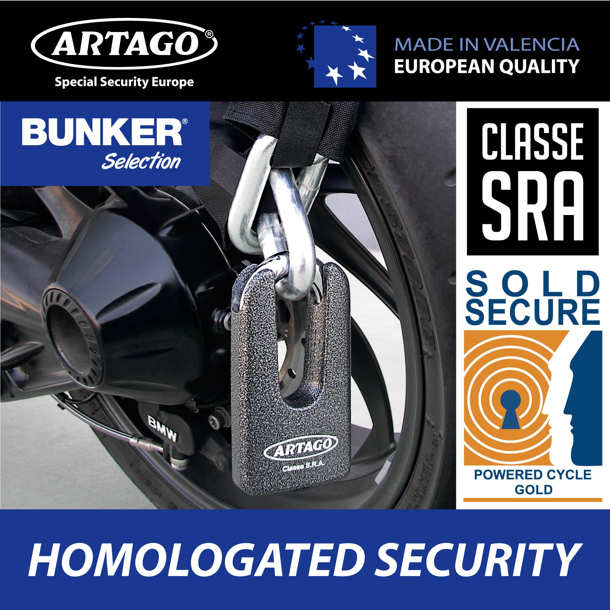 Artago 69T150 Maximum Anti-Theft Chain Lock Double Function Sold Secure Gold and SRA Approved, ø15 150cm, Neutral, 150 cm