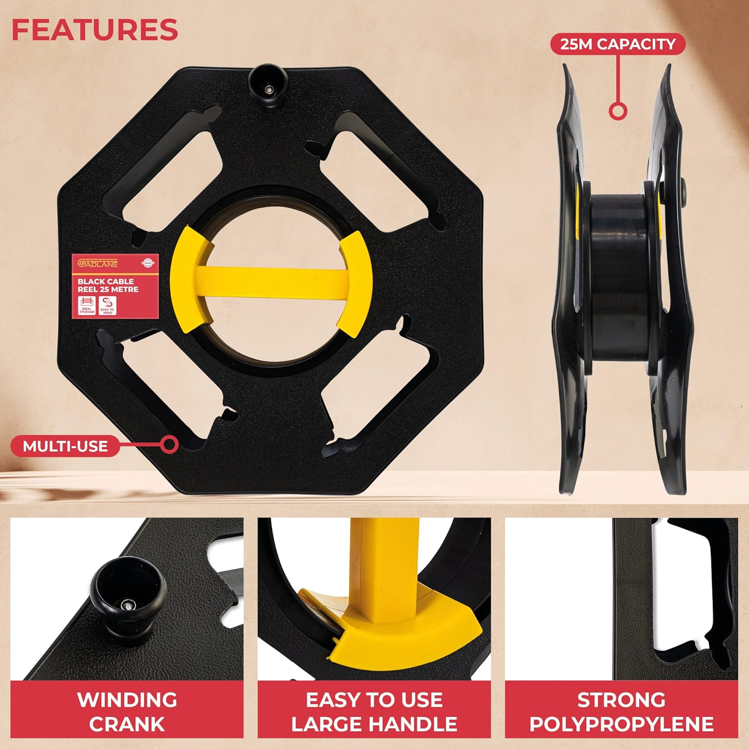 GADLANE Heavy Duty Black Cable Tidy Reel 25m - Cable Reel Empty Camping Electric Hook Up Cable Winder, Extension Lead Reel Christmas Light Storage Reel Cable Reel Holder for Caravan Leads Cables Cords