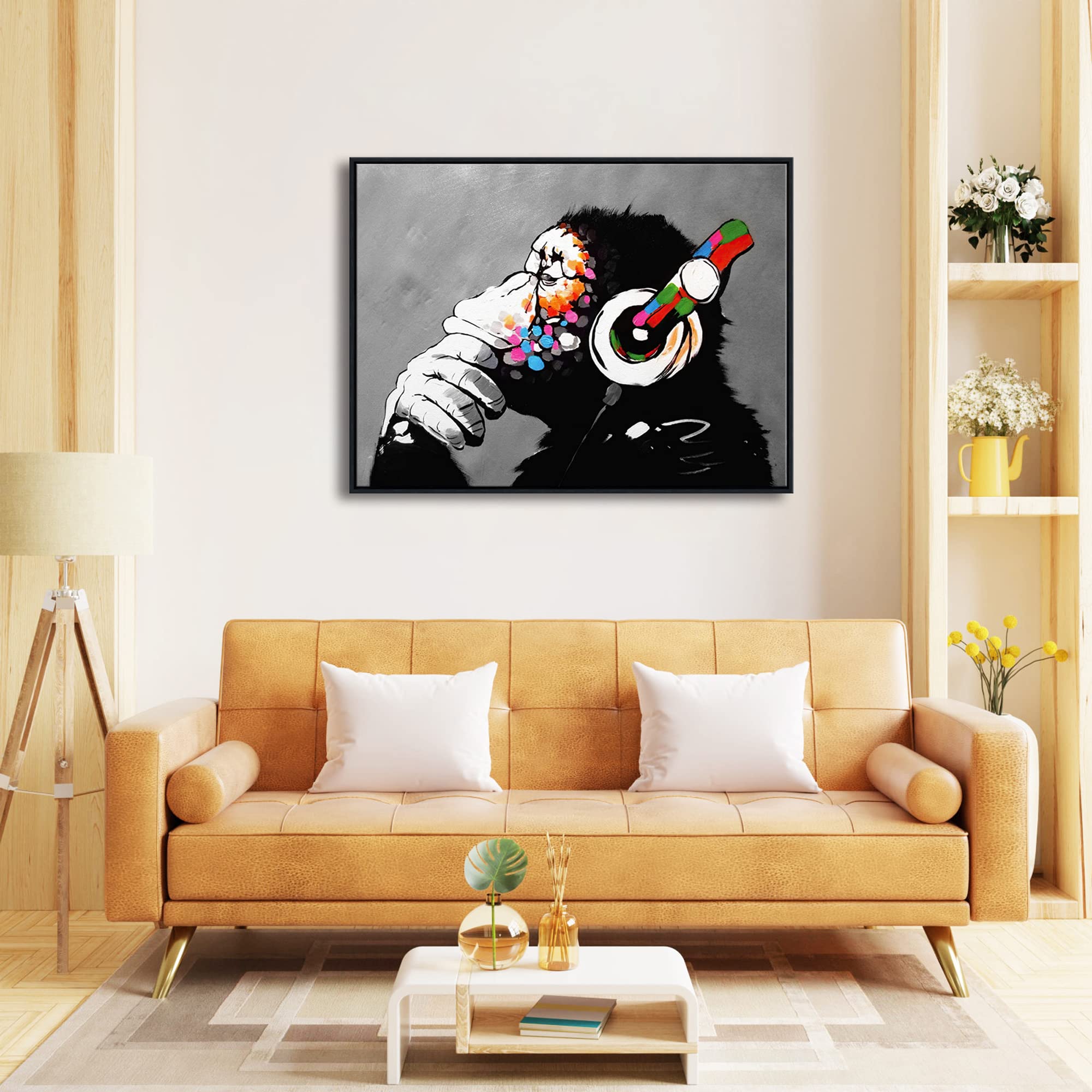 Wieco Art Large Black Framed Monkey With Headphones Banksy Graffiti Art Abstract Canvas Painting for Home Decor Canvas Wall Art for Living Room