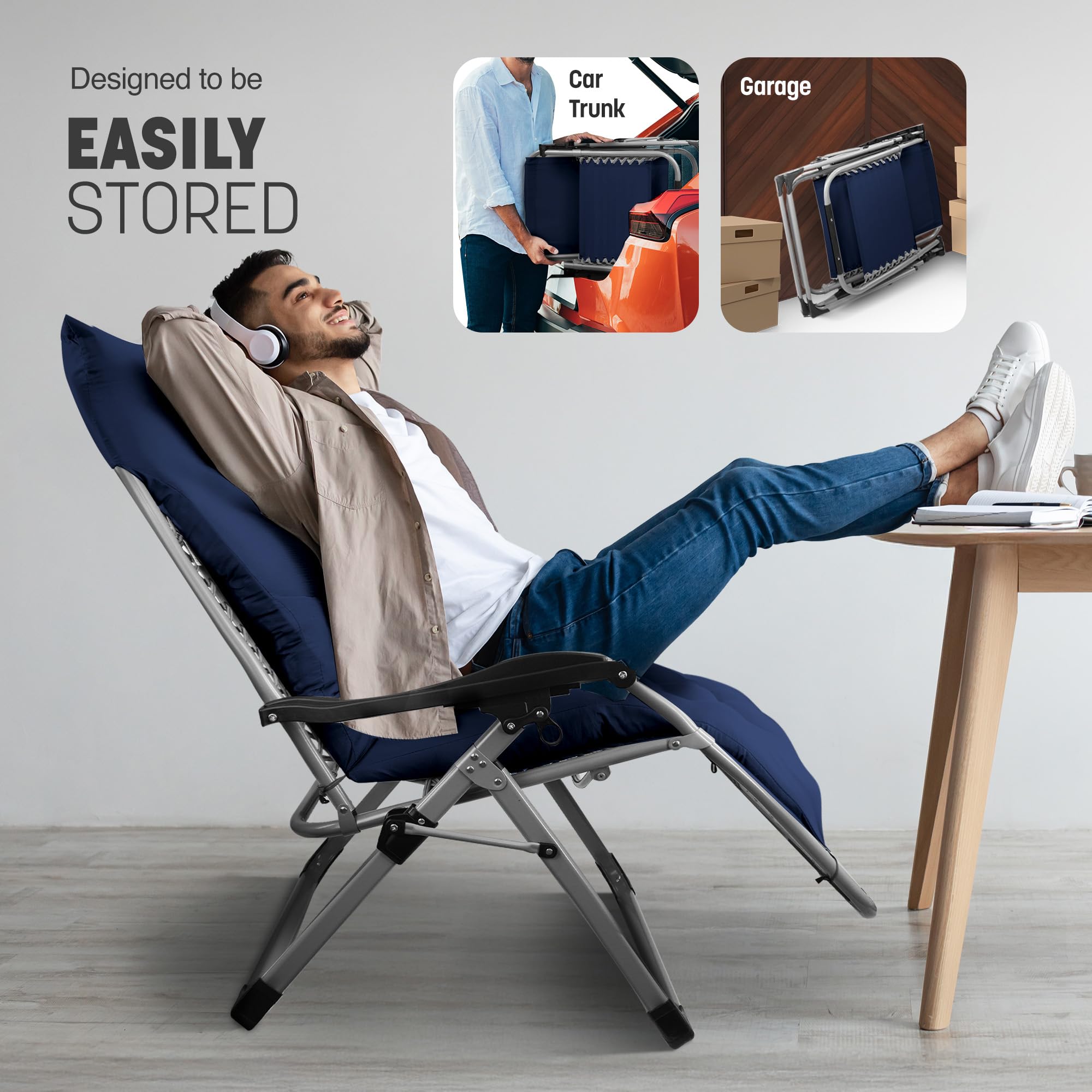 KEPLIN Square Tube Gravity Chair with Cushion – Extra-Wide 72cm Recliner, Adjustable Zero Gravity Lounger, Reinforced Frame, Supports 150kg, Premium Comfort for Indoor & Outdoor Relaxation – Black