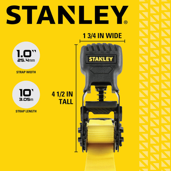STANLEY S1007 Black/Yellow 1.5" x 16' Ratchet Tie Down Straps - 1,100 lb Safe Working Load / 3,300 lb Break Strength, 2 Pack