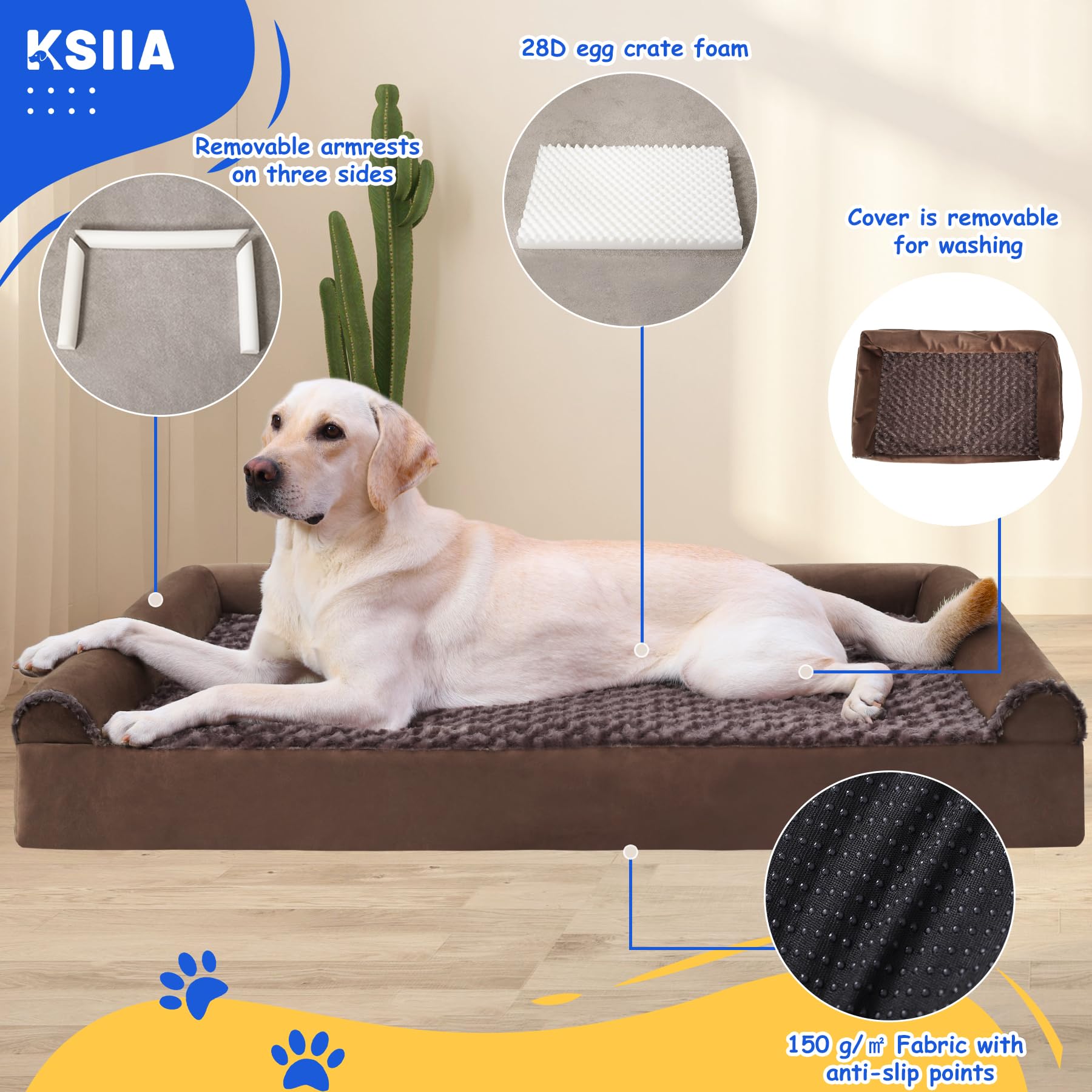 KSIIA Large Dog Bed, Orthopedic Dog Sofa Beds Couch with Removable Washable Cover, Waterproof Pet Sofa with U-Shape Bolster, Grey 88.9x55.88x16cm