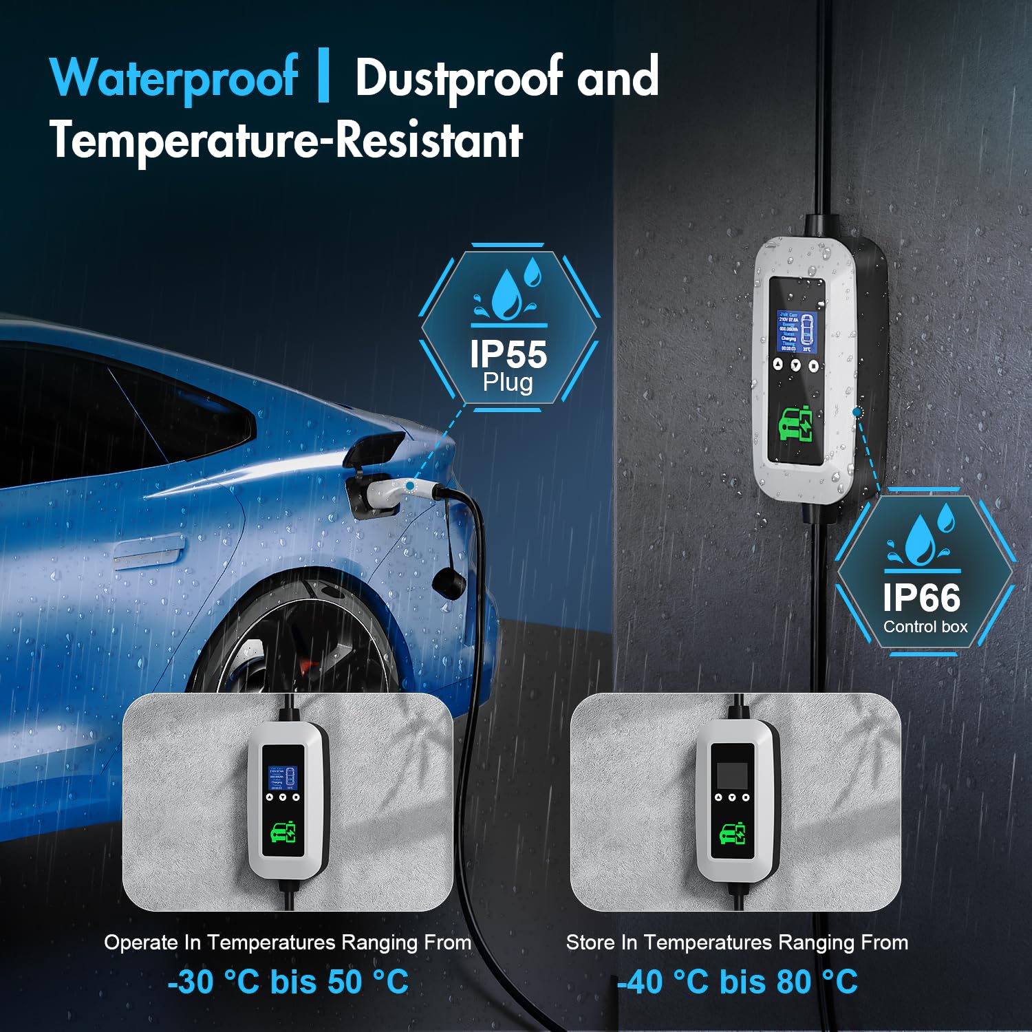 EV Charger Cable Type 2 to 3 Pin Plug 3KW, 6M, 6/8/10/13A, Adjustable Current EV Charger,With LED Screen Timing Delay IP66/IP65, With Carry Bag and Type 2 EV Cable Holder for EVs and PHEVs