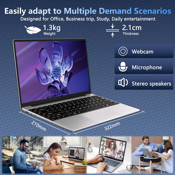 HUQPPQ 14 Inch Laptop Celeron N4020 Processor 6GB RAM 256GB SSD WIN11 Laptops | FHD 1920×1080 IPS Display | WiFi 5, USB 3.0, Webcam | Ideal for Business, School & Work - Gray