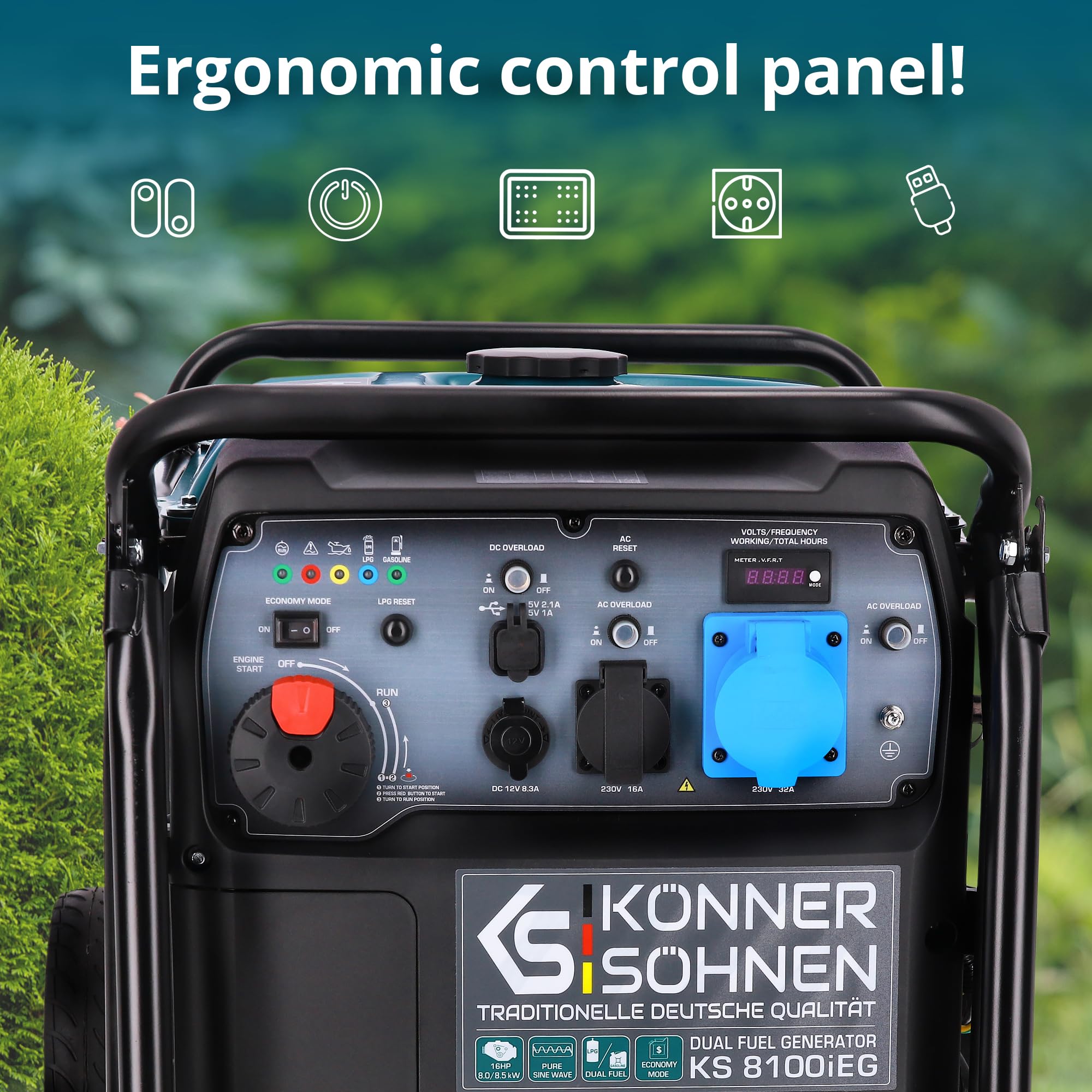 Könner & Söhnen KS 3100iG S portable LPG/petrol inverter generator 3100 W,UK Plug Socket 1x13 A (230 V), 2 USB ports,copper winding,silent inverter generator,dual fuel generator