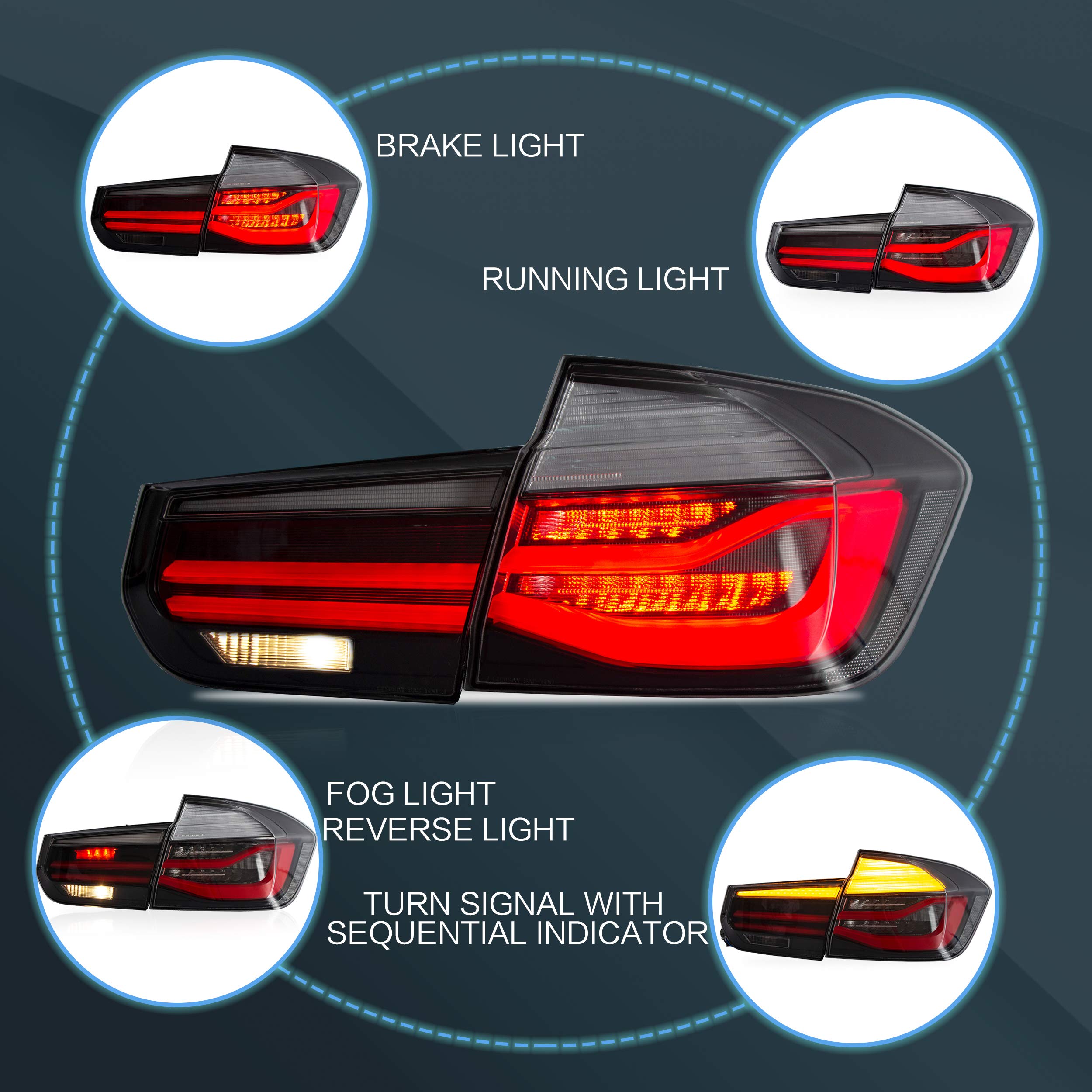 VLAND OLED Rear Lights Compatible with 2013-2018 BMW 3 Series F30 F35 F80 320i 328i 335i Sedan (Not for F31 F34), Tail Lights with Sequential Indicators, E-mark, Red