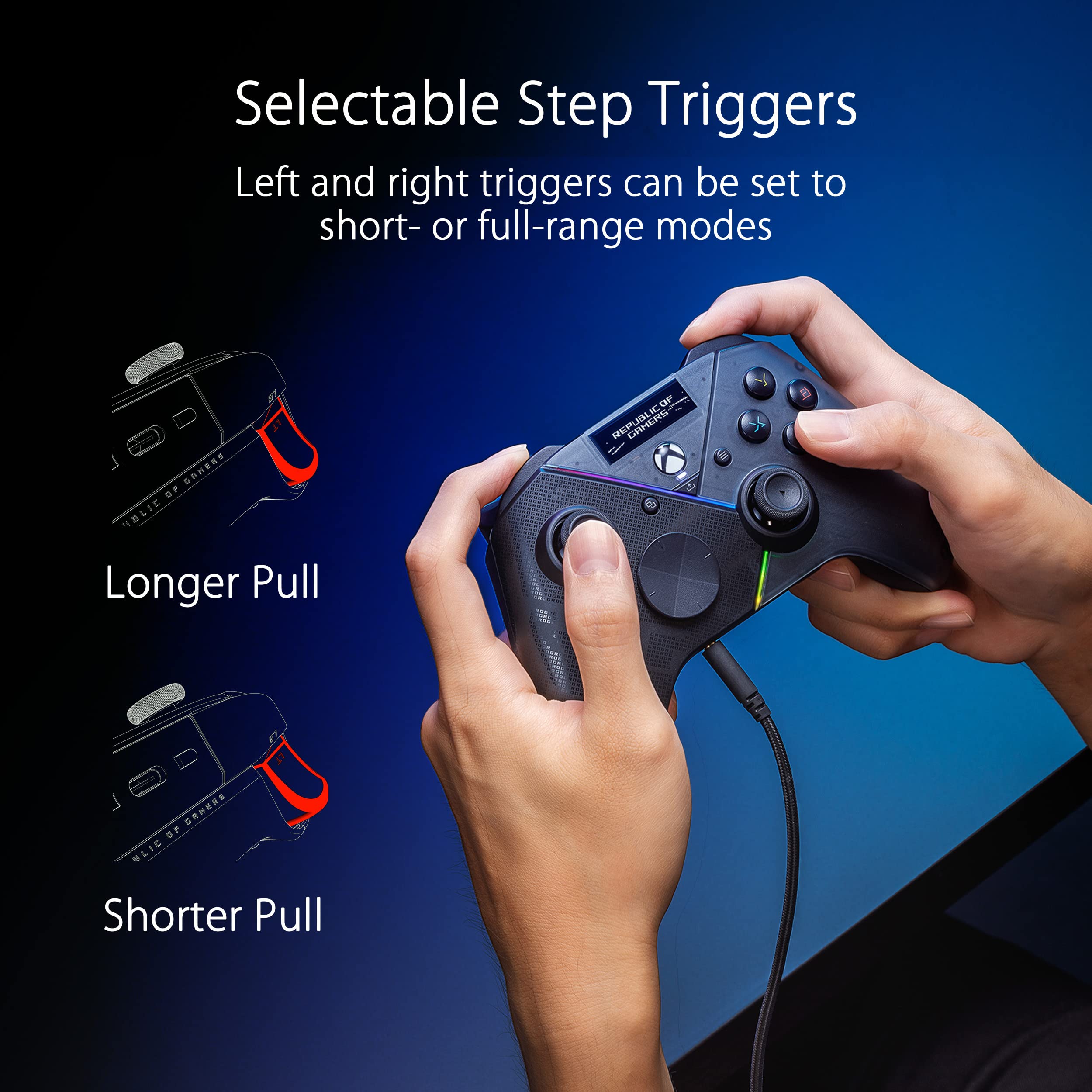 Asus ROG Raikiri Pro Wireless PC controller, OLED display, USB-C/24GHz/BT on PC, USB-C on Xbox, 4 remappable rear buttons, step/linear triggers, adjustable joystick sensitivity, 35mm jack, ESS DAC
