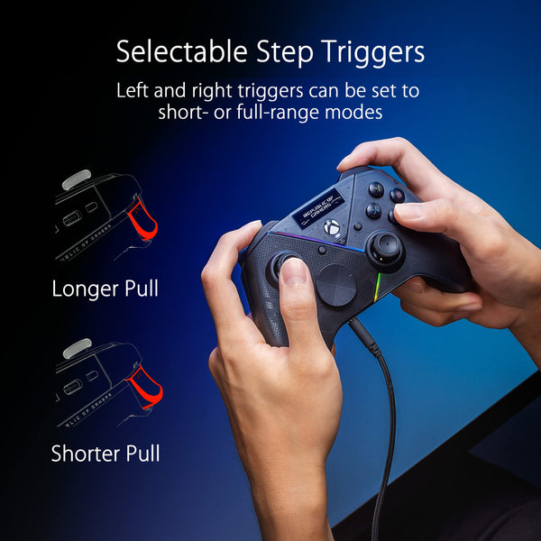 Asus ROG Raikiri Pro Wireless PC controller, OLED display, USB-C/24GHz/BT on PC, USB-C on Xbox, 4 remappable rear buttons, step/linear triggers, adjustable joystick sensitivity, 35mm jack, ESS DAC