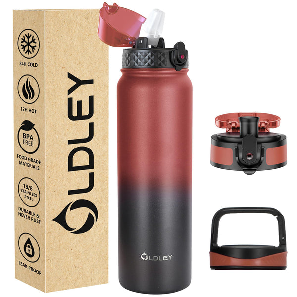 OLDLEY Stainless Steel Water Bottle with Straw 1L Vaccum Insulated Large Drink Flask Metal Water Bottles 1 Litre Leakproof Keep Drinks Hot Cold for Sports Gym with Different Lids(Purple Green, 3 Lids)