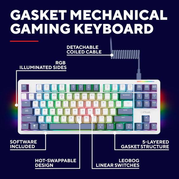 GXTrust 872 Xyra TKL Mechanical Keyboard Gasket Mount UK Layout, Hot Swappable Wired Gaming Creamy Keyboard 80%, RGB Backlit with Software, Custom Soft Feel Pre-lubed 5-pin Leobog Linear 60M Switches