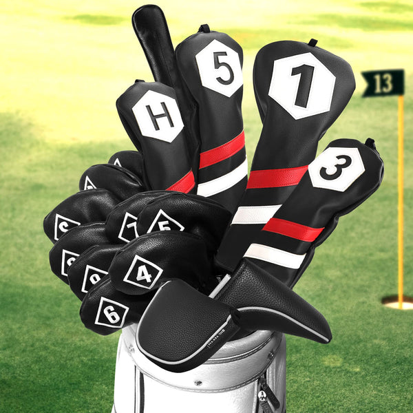 BIG TEETH Golf Iron Head Covers Headcovers 10Pcs/set 4-9,P,A,S,X Club Protector Elastic Long Neck with Big Number Waterproof Black PU Leather