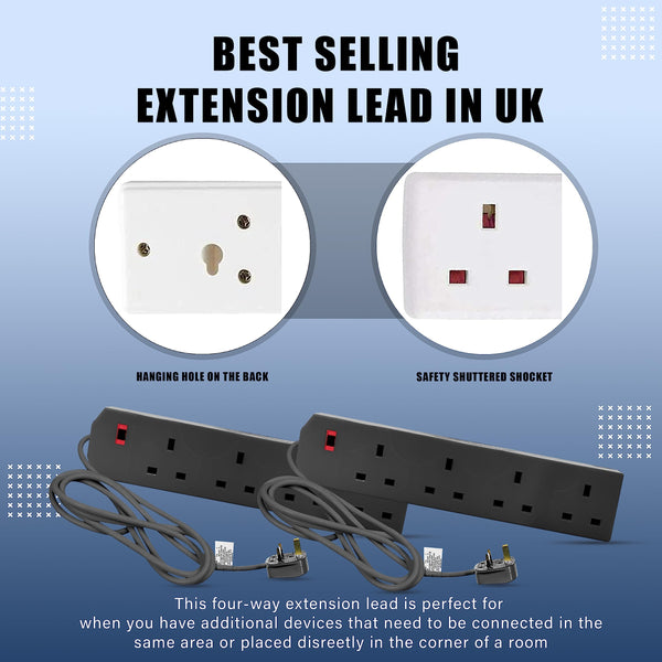 K-MART Heavy Duty Extension Lead UK Pin Plug and Cable, 4 Gang Way 2m Power Adapter, Multi Socket Mains Strip (White, 1 Pack)