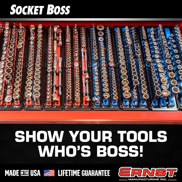 Ernst Manufacturing - 8453 Socket Boss 2-Rail 3/8-Inch-Drive Socket Organizer, 19-Inch, Red - Socket Storage Tray and Organization System for Mechanics and Automotive Service Technicians