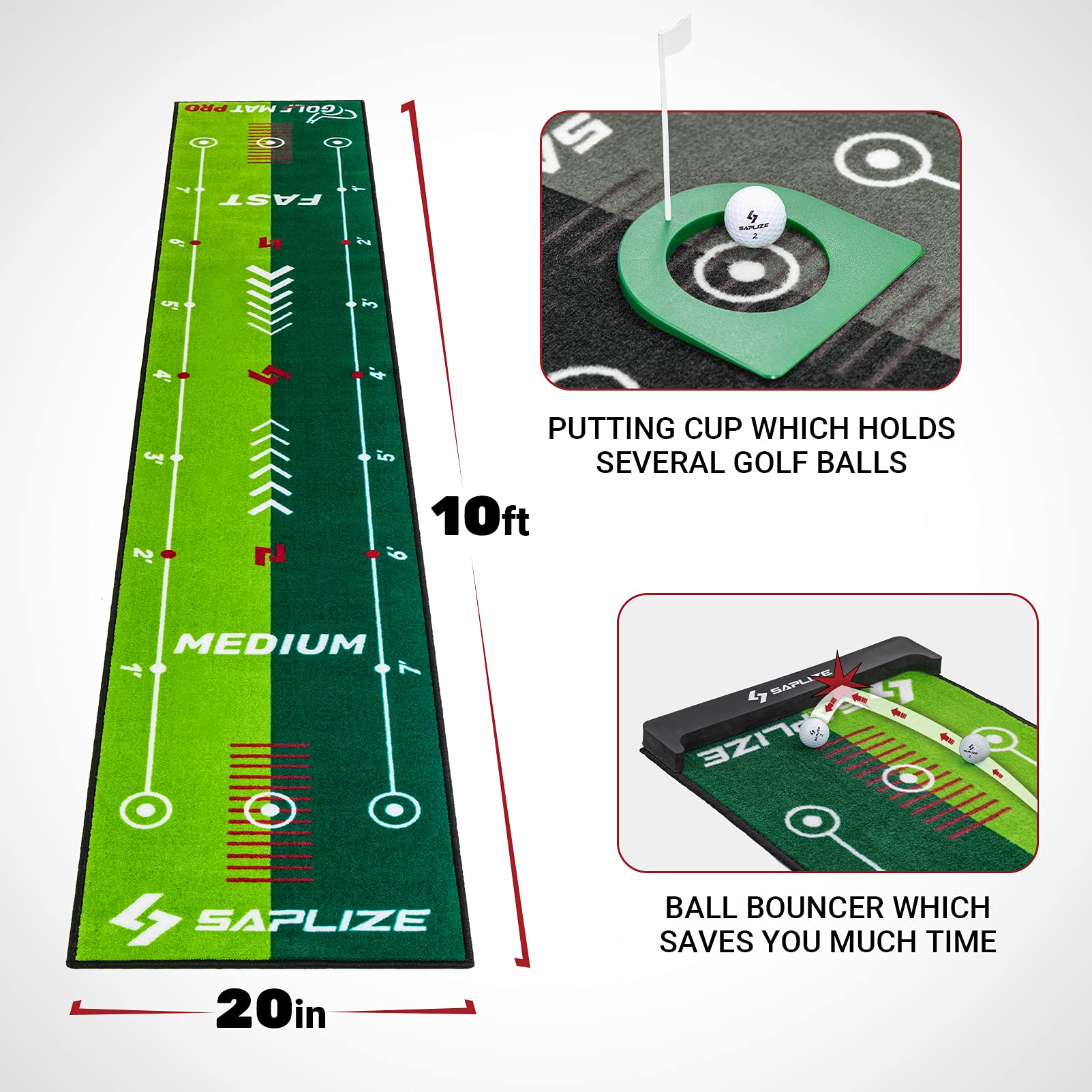 SAPLIZE Two-Speed Golf Putting Practice Mat with Putting Alignment Mirror and Putting Cup, 20 in X 10 ft Putting Training Aid Mat, Anti-Slip Backing