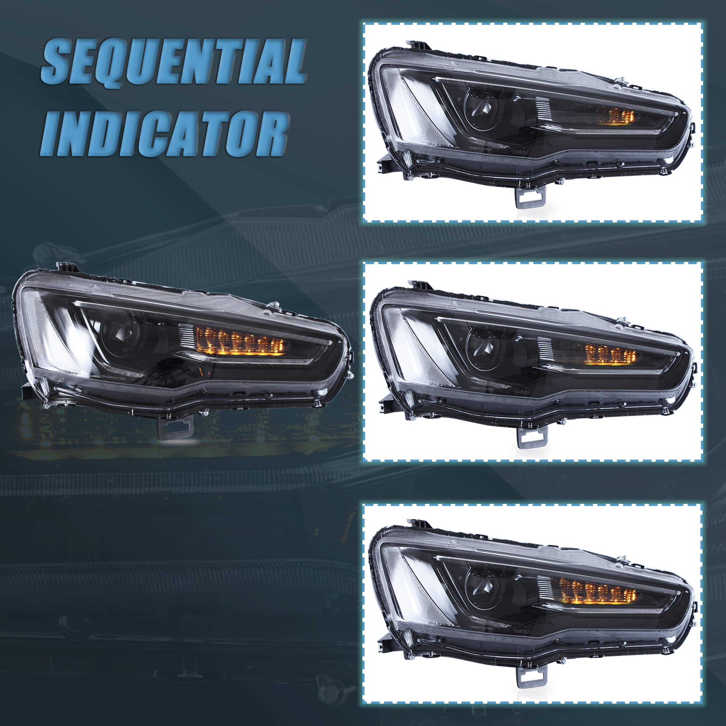 VLAND LED Headlights Compatible with Mitsubishi Lancer& EVO X 2008-2020 Front light with Sequential, Projector Headlamp