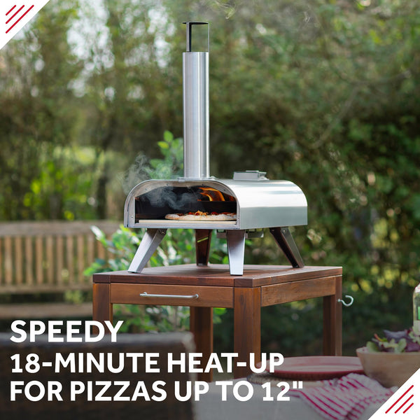 George Foreman Outdoor 12 Inch Wood Pellet Portable Wood Fired Pizza Oven Stainless Steel with Paddle and Carry Bag, BBQ Oven & Smoker, Foldable Legs GFWPPO1SSPC